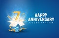 7 th years anniversary banner with open burst gift box. Template seventh birthday celebration and abstract text on blue background