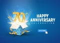 70 th years anniversary banner with open burst gift box. Template seventieth birthday celebration and abstract text on blue
