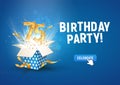 75 th years anniversary banner with open burst gift box. Template seventy five birthday celebration and abstract text on blue