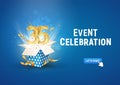 35 th years anniversary banner with open burst gift box. Template thirty fifth birthday celebration and abstract text on blue