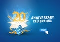 20 th years anniversary banner with open burst gift box. Template twentieth birthday celebration and abstract text on blue