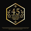 45th years anniversary celebration. anniversary logo with hexagon frame and elegance golden on black background, vector Royalty Free Stock Photo