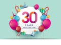 30th years Anniversary Celebration Design with balloons and gift box, Colorful design elements for banner and invitation card Royalty Free Stock Photo