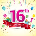 16th Years Anniversary Celebration Design, with gift box and balloons, ribbon, Colorful Vector template elements for your birthday Royalty Free Stock Photo