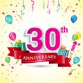 30th Years Anniversary Celebration Design, with gift box and balloons, ribbon, Colorful Vector template elements for your birthday Royalty Free Stock Photo