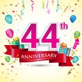 44th Years Anniversary Celebration Design, with gift box and balloons, ribbon, Colorful Vector template elements for your birthday Royalty Free Stock Photo