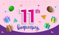 11th Years Anniversary Celebration Design, with gift box and balloons, ribbon, Colorful Vector template elements for your birthday