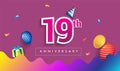 19th Years Anniversary Celebration Design, with gift box and balloons, ribbon, Colorful Vector template elements for your birthday