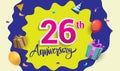 26th Years Anniversary Celebration Design, with gift box and balloons, ribbon, Colorful Vector template elements for your birthday