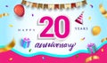 20th Years Anniversary Celebration Design, with gift box and balloons, ribbon, Colorful Vector template elements for your birthday Royalty Free Stock Photo