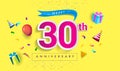 30th Years Anniversary Celebration Design, with gift box and balloons, ribbon, Colorful Vector template elements for your birthday Royalty Free Stock Photo