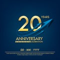 20th years anniversary celebration emblem. anniversary elegance golden logo with blue arrow ribbons on blue background. vector