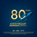 80th years anniversary celebration emblem. anniversary elegance golden logo with blue arrow ribbons on blue background. vector