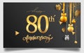 80th years anniversary design for greeting cards and invitation, with balloon, confetti and gift box, elegant design with gold and