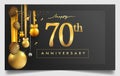 70th years anniversary design for greeting cards and invitation, with balloon, confetti and gift box, elegant design with gold and