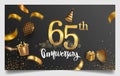 65th years anniversary design for greeting cards and invitation, with balloon, confetti and gift box, elegant design with gold and