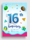 16th Years Anniversary invitation Design, with gift box and balloons, ribbon, Colorful Vector template elements for birthday Royalty Free Stock Photo