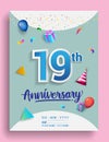 19th Years Anniversary invitation Design, with gift box and balloons, ribbon, Colorful Vector template elements for birthday