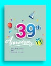 39th Years Anniversary invitation Design, with gift box and balloons, ribbon, Colorful Vector template elements for birthday