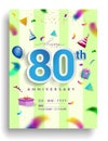 80th Years Anniversary invitation Design, with gift box and balloons, ribbon, Colorful Vector template elements for birthday