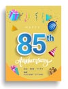 85th Years Anniversary invitation Design, with gift box and balloons, ribbon, Colorful Vector template elements for birthday