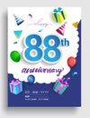 88th Years Anniversary invitation Design, with gift box and balloons, ribbon, Colorful Vector template elements for birthday