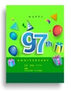 97th Years Anniversary invitation Design, with gift box and balloons, ribbon, Colorful Vector template elements for birthday