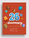 26th Years Anniversary invitation Design, with gift box and balloons, ribbon, Colorful Vector template elements for birthday