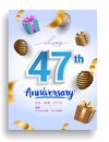 47th Years Anniversary invitation Design, with gift box and balloons, ribbon, Colorful Vector template elements for birthday