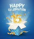 15 th years anniversary and open gift box with explosions confetti. Isolated design element. Template fifteenth birthday