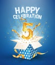 5 th years anniversary and open gift box with explosions confetti. Template five birthday celebration on blue background vector