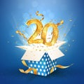 20 th years anniversary and open gift box with explosions confetti. Template twenty birthday celebration on blue background vector