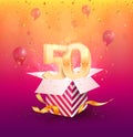 50th years anniversary vector design element. Isolated Fifty years jubilee with gift box, balloons and confetti on a Royalty Free Stock Photo