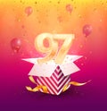 97th years anniversary vector design element. Isolated ninety-seven years jubilee with gift box, balloons and confetti