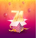 74th years anniversary vector design element. Isolated seventy-four years jubilee with gift box, balloons and confetti