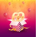 69th years anniversary vector design element. Isolated sixty-nine years jubilee with gift box, balloons and confetti on