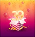 39 th years anniversary vector design element. Isolated thirty nine years jubilee with gift box, balloons and confetti