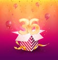 36 th years anniversary vector design element. Isolated thirty-six years jubilee with gift box, balloons and confetti on