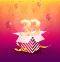 33 th years anniversary vector design element. Isolated thirty-three years jubilee with gift box, balloons and confetti
