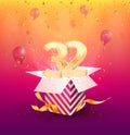 32 th years anniversary vector design element. Isolated Thirty two years jubilee with gift box, balloons and confetti on