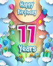11th Years Birthday Design for greeting cards and poster, with clouds and gift box, balloons. design template for anniversary