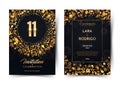 11th years birthday vector black paper luxury invitation double card. Eleven years wedding anniversary celebration