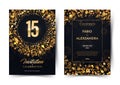 15th years birthday vector black paper luxury invitation double card. Fifteen years wedding anniversary celebration