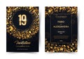 19th years birthday vector black paper luxury invitation double card. Nineteen years wedding anniversary celebration