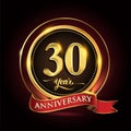 30th years celebration anniversary logo with golden ring and red ribbon Royalty Free Stock Photo