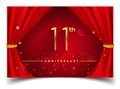 11th years golden anniversary logo with glowing golden colors isolated on realistic red curtain, vector design for greeting card, Royalty Free Stock Photo