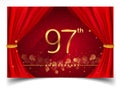 97th years golden anniversary logo with glowing golden colors isolated on realistic red curtain, vector design for greeting card,