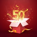 50 th years number anniversary and open gift box with explosions confetti isolated design element. Template fifty fiftieth