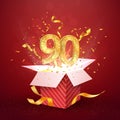 90 th years number anniversary and open gift box with explosions confetti isolated design element. Template ninety ninetieth