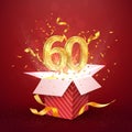 60 th years number anniversary and open gift box with explosions confetti isolated design element. Template sixty sixtieth